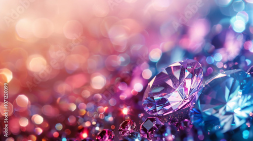 A close-up shot of sparkling gemstones against a blurry background of pink, purple and blue bokeh lights. The image captures the beauty and brilliance of the precious stones, highlighting their intric photo