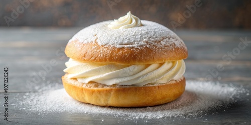 Delicate Italian maritozzo bun filled with fluffy whipped cream , Italian, dessert, pastry, sweet, bun, cream, yeast photo