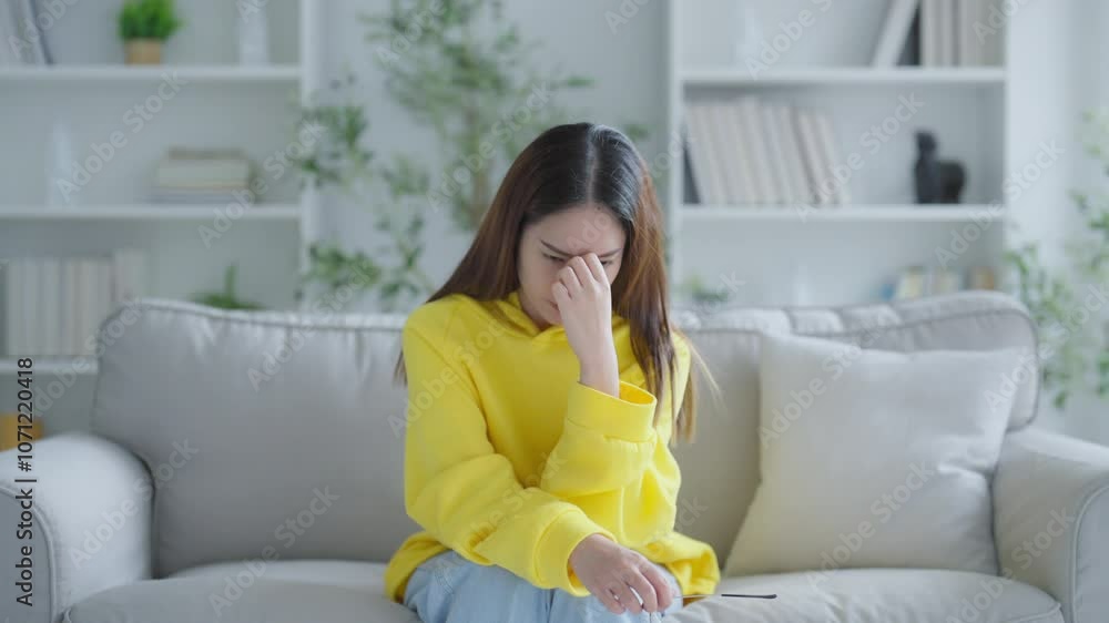 Young Asian woman with feeling sad and stressed, sick and headache, sitting on sofa in living room at home Young Asian woman with feeling sad and stressed, sick and headache, sitting on sofa in living room at home