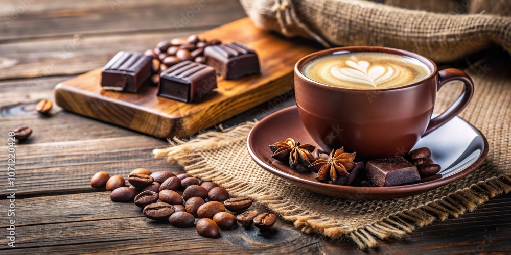 Fototapeta premium Delicious coffee and chocolate pairing in a cozy cafe setting , coffee, chocolate, drink, tasty, dessert, harmony, flavor, cafe