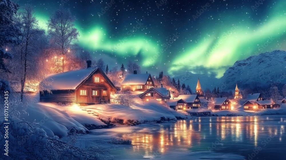 Fototapeta premium Aurora's Embrace: Nordic Village Serenity