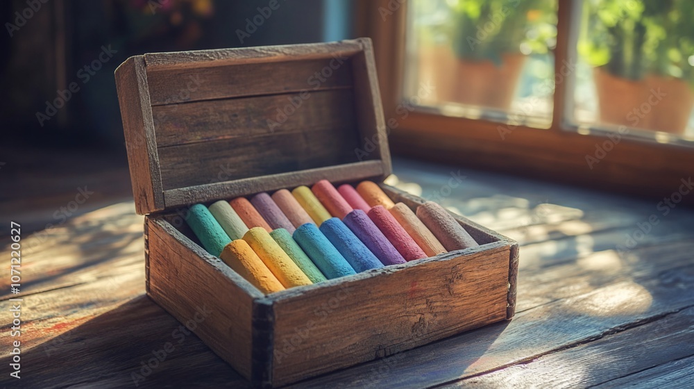 A wooden box filled with colorful chalk sticks, sitting on a wooden table. A wooden box filled with colorful chalk sticks, sitting on a wooden table.
