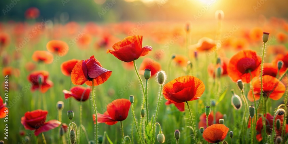 Fototapeta premium Field of red poppies in a green meadow, poppies, red, flowers, field, nature, meadow, green, vibrant, colorful, landscape