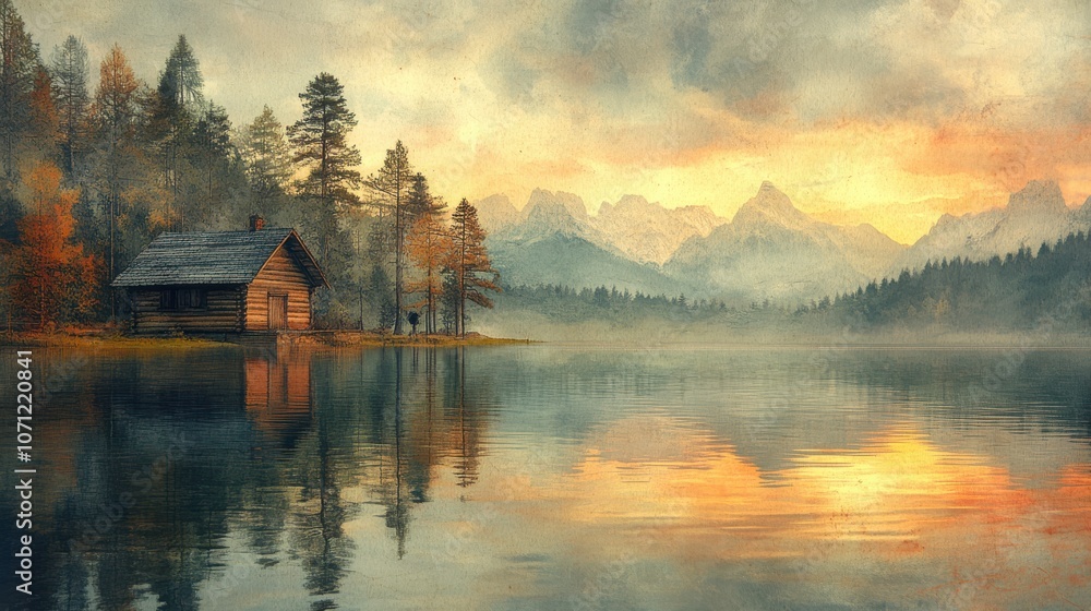 Fototapeta premium Tranquil Fisherman Cabin by Serene Lake at Sunset