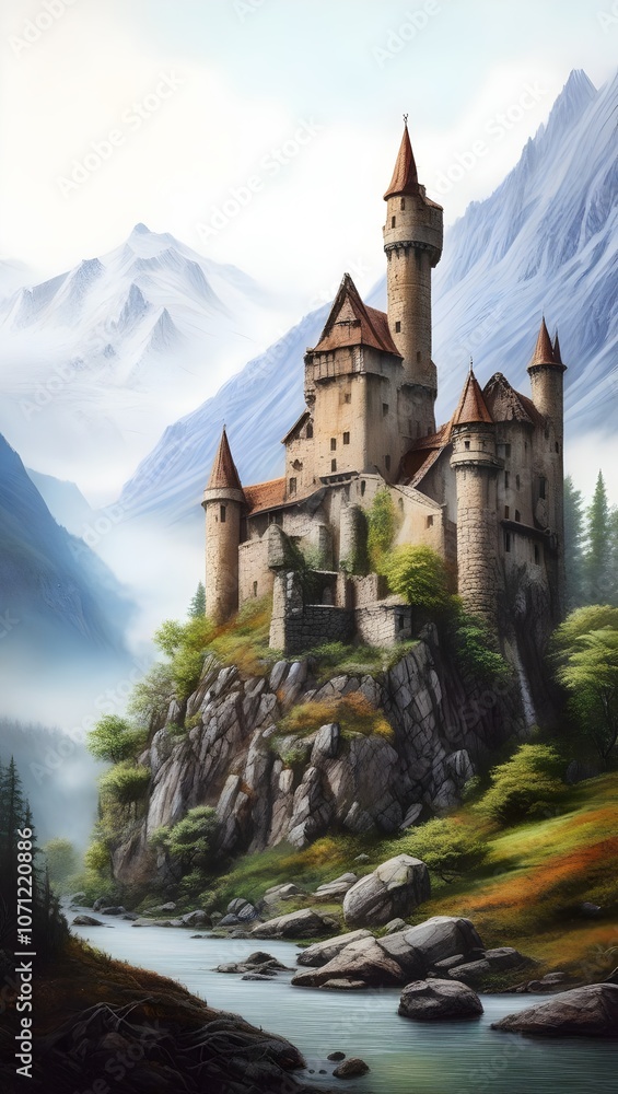 A majestic castle perched on a rocky cliff surrounded by mountains and a serene river in a lush green valley. Generative AI A majestic castle perched on a rocky cliff surrounded by mountains and a serene river in a lush green valley. Generative AI