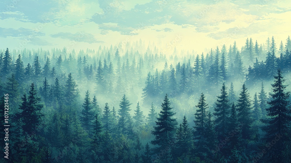 Misty morning forest with evergreen trees. Misty morning forest with evergreen trees.