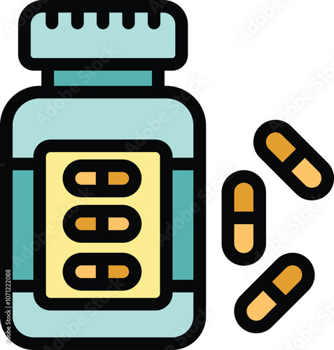 Cartoon image of a bottle of pills spilling open with capsules falling out