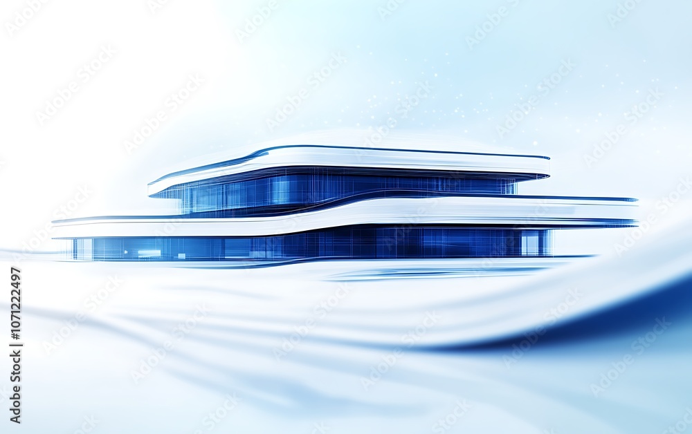 A sleek, modern architectural design featuring layered, wavy structures with a predominantly blue and white color scheme. A sleek, modern architectural design featuring layered, wavy structures with a predominantly blue and white color scheme.