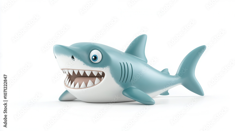 Fototapeta premium Playful cartoon shark with big smile and sharp teeth, showcasing fun design. This whimsical character is perfect for children themes and playful illustrations