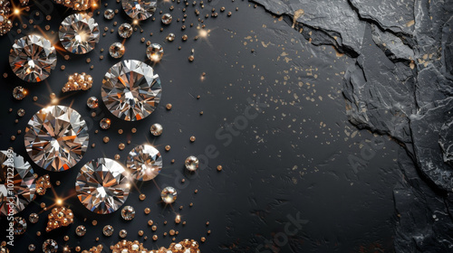 Sparkling diamonds scattered on a dark, textured background. The precious gems glisten with brilliance, capturing the light with their intricate facets.