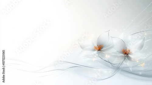 Elegant white flowers with delicate petals and soft orange centers float gracefully on light background, creating serene and tranquil atmosphere