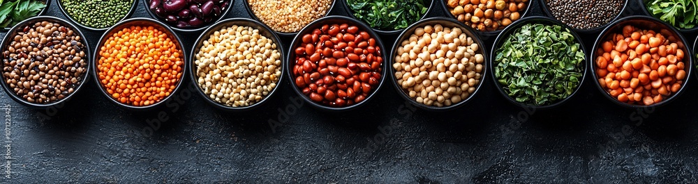 A variety of legumes and grains displayed in bowls. A variety of legumes and grains displayed in bowls.