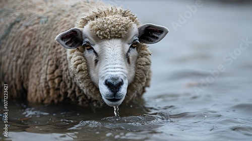 Thirsty sheep drinking water from tap, rainy background cutout photo