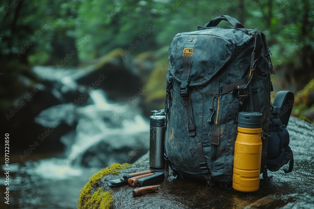 Backpack Near River in Lush Forest Environment Backpack Near River in Lush Forest Environment