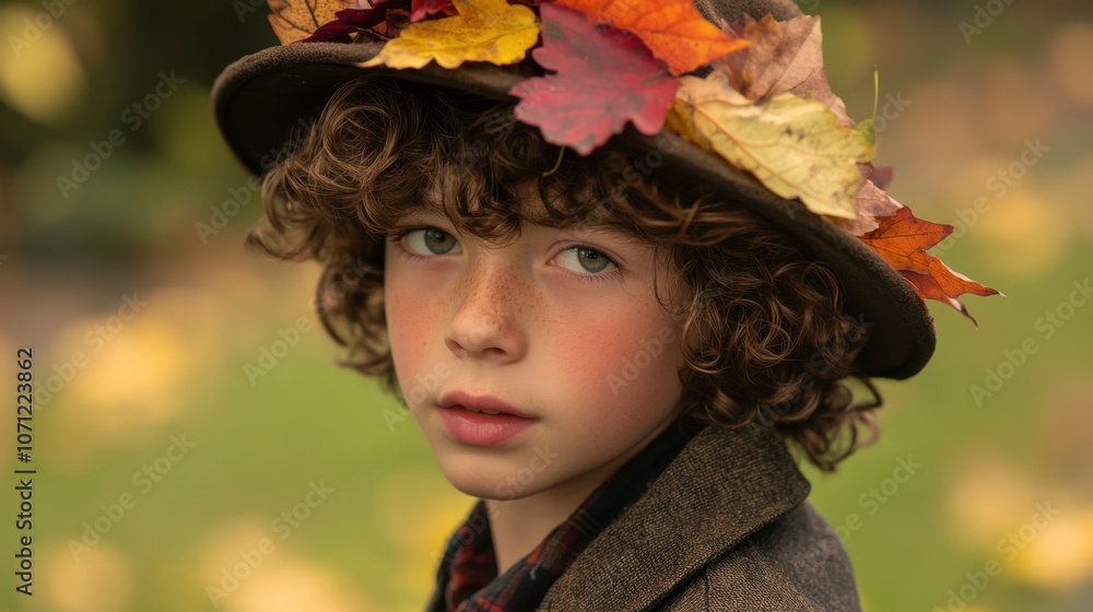 Boy with Autumn Leaves on Hat in Natural Setting Boy with Autumn Leaves on Hat in Natural Setting