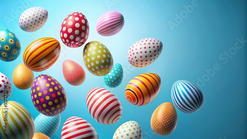 Colorful Easter eggs with polka dots and stripes flying through the air on a blue background, Easter, eggs, colorful