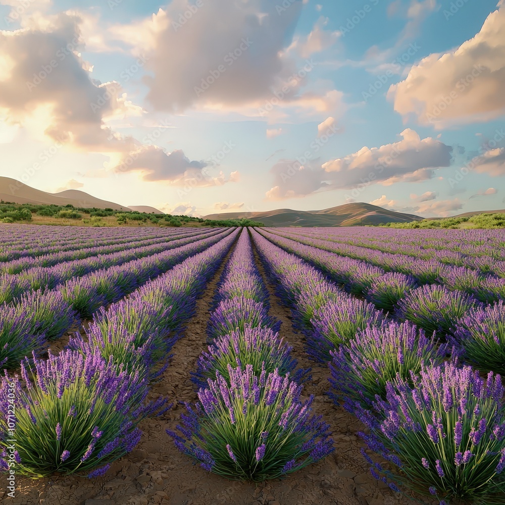 Fototapeta premium Rows of purple lavender with a distant sunset