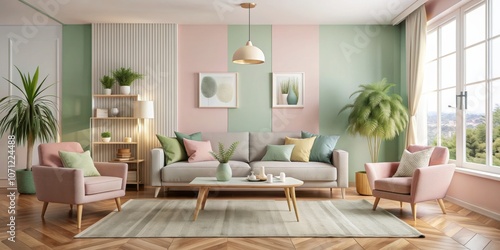 Cozy modern living room decorated in soft pastel colors, pastel, modern, living room, interior, cozy, decor