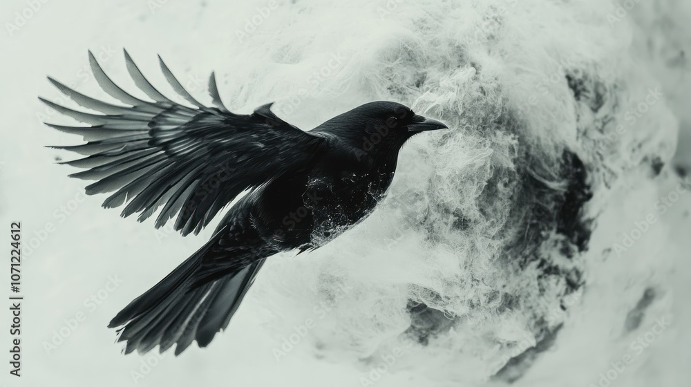 Fototapeta premium Black Crow in Flight Against a Blurry Background