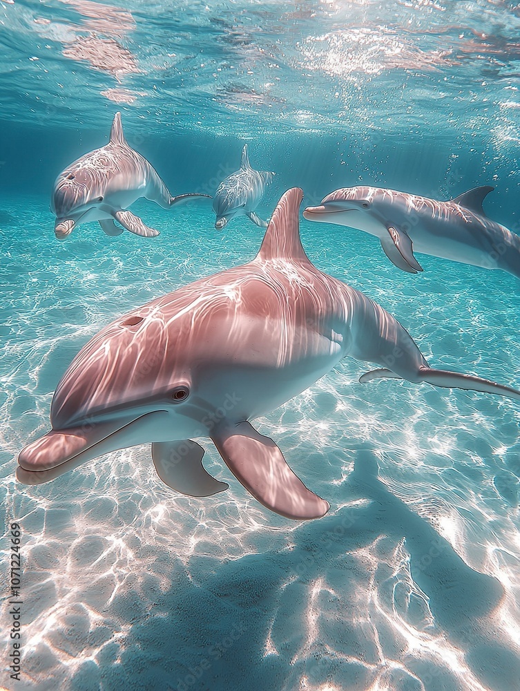 Obraz premium one pale pink dolphins flying out of the sea, peaceful scene, clear and transparent water, dreamy colors, high level of detail, generative ai