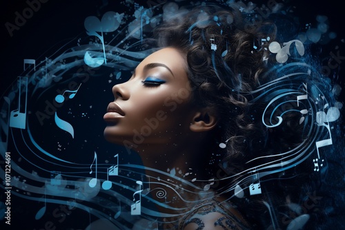 A woman surrounded by musical notes, symbolizing creativity and harmony.