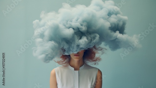 A woman with a cloud of smoke obscuring her head, symbolizing thoughts.