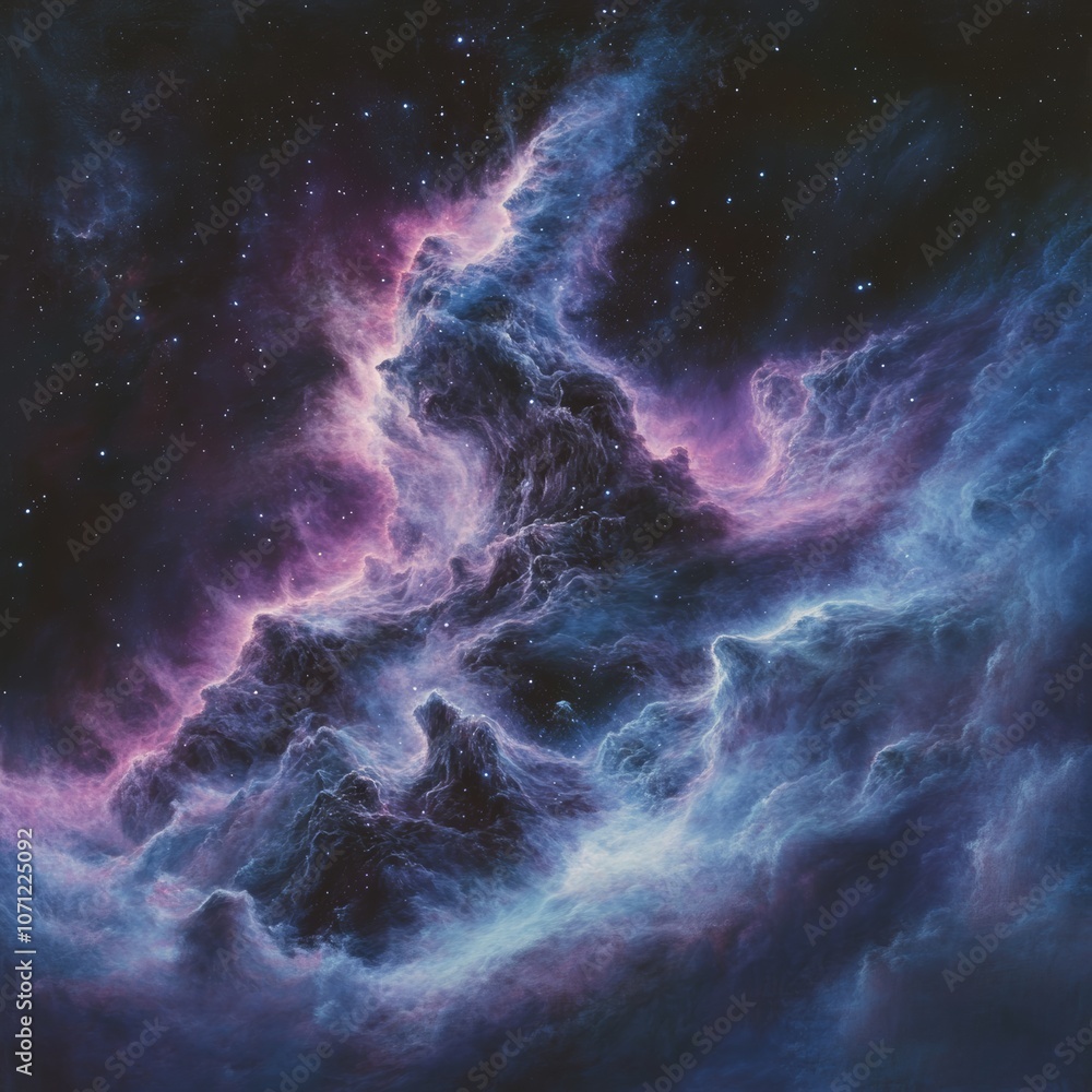 A mystical depiction of a nebula with vibrant purple and blue clouds, creating an awe-inspiring space scene A mystical depiction of a nebula with vibrant purple and blue clouds, creating an awe-inspiring space scene