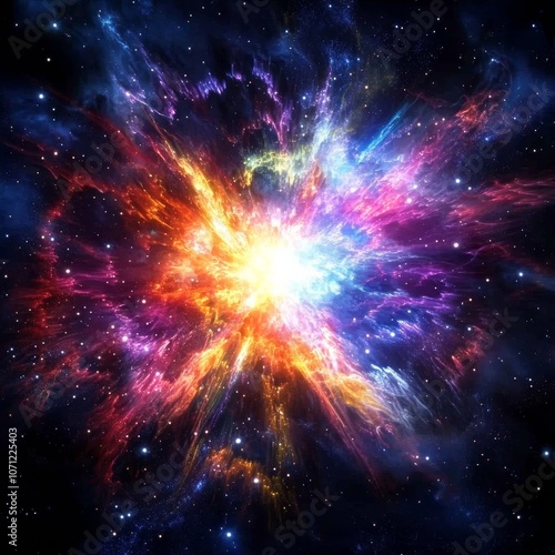 A mystical supernova with bright colors radiating outward, illuminating the surrounding dark space photo