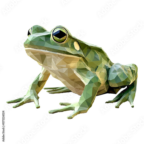 Green frog, low-poly design, white background