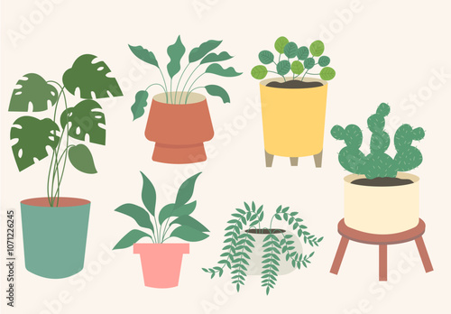 Houseplants in plant pots, flower potted plant, green leaves interior decoration isolated vector illustration icons set. Home interior decoration. Green leaves decor. Flat cartoon in style vector.