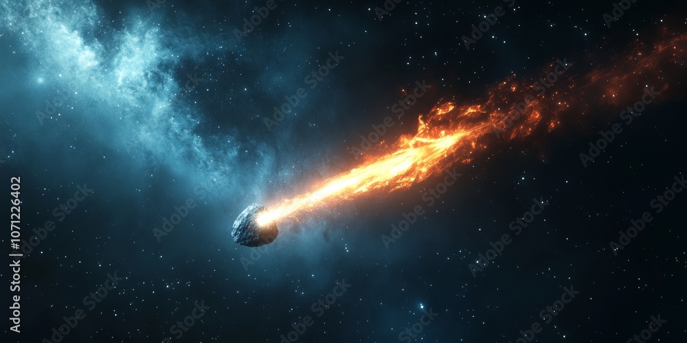 Fototapeta premium A realistic depiction of a comet with a glowing tail, streaking across the vastness of space