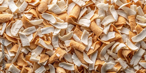 Detail of dried shaved coconut flakes from above, coconut, food, ingredient, tropical, organic, dried, flakes, texture, healthy