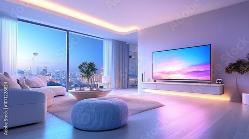 Cozy living room at night with a glowing TV screen, soft ambient lighting, and a warm, inviting atmosphere.