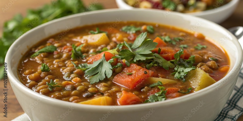 Lentil Soup A closeup of a warm thick lentil soup garnished with fresh herbs. The soup is rich in texture and color displaying a variety of lentils and vegetables simmered to Lentil Soup A closeup of a warm thick lentil soup garnished with fresh herbs. The soup is rich in texture and color displaying a variety of lentils and vegetables simmered to