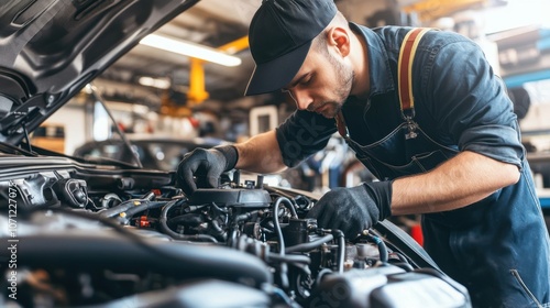 Mechanic Working on Engine in Automotive Shop