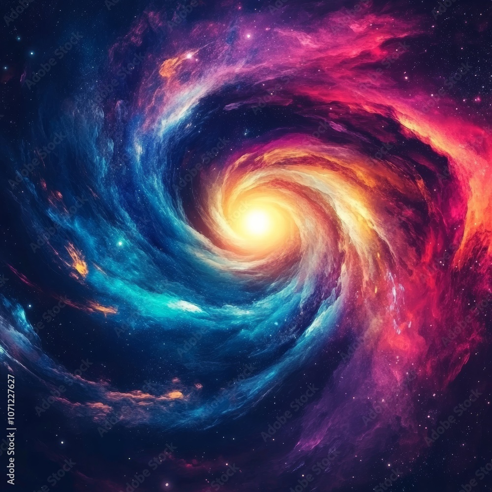 A stylized, glowing galaxy with vibrant colors spiraling around a bright center in deep space A stylized, glowing galaxy with vibrant colors spiraling around a bright center in deep space