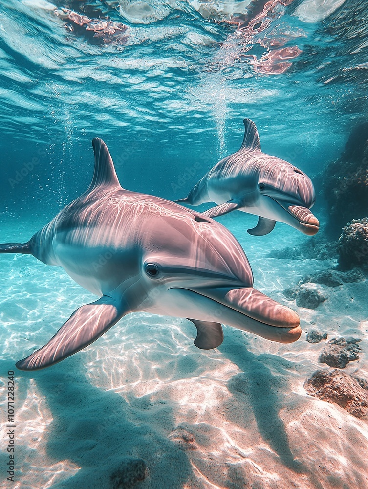 Obraz premium one pale pink dolphins flying out of the sea, peaceful scene, clear and transparent water, dreamy colors, high level of detail, generative ai