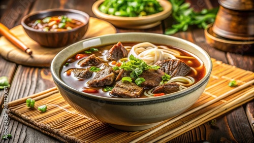 Braised beef noodle soup served in a cozy restaurant , Asian cuisine, comfort food, savory broth, hearty, aromatic