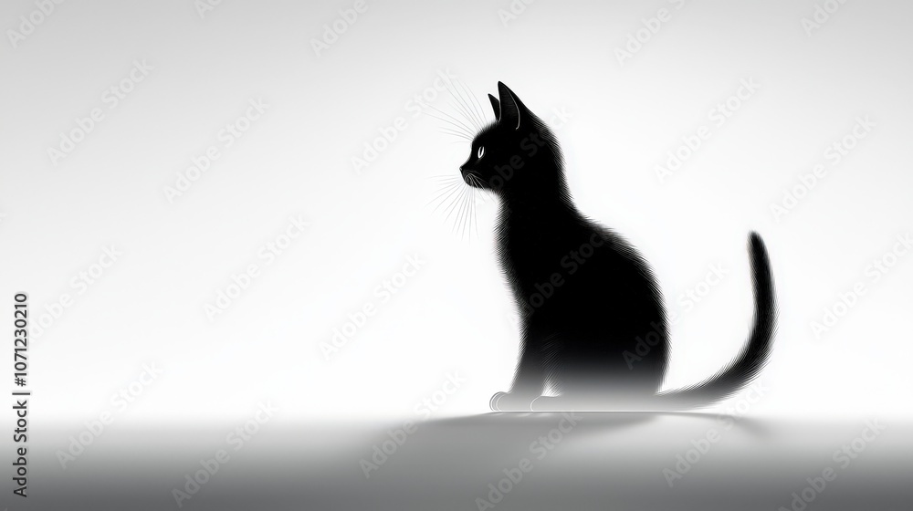 Silhouette of a sitting cat with perked ears and upright tail, centered on a plain white background. Simple and elegant. Silhouette of a sitting cat with perked ears and upright tail, centered on a plain white background. Simple and elegant.