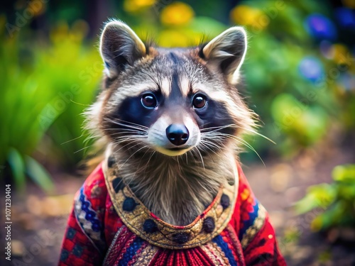 Adorable raccoon, fashionably dressed. AI photography documenting domestic life. photo