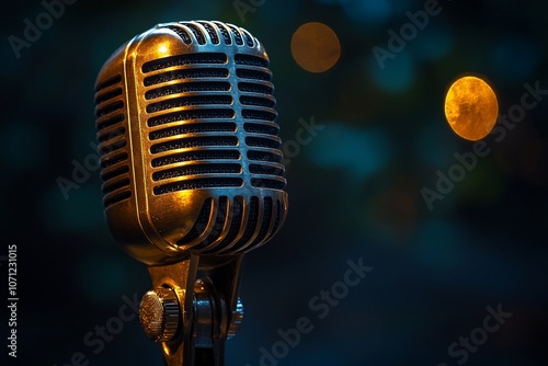 Vintage microphone with a blurred background and soft lighting.