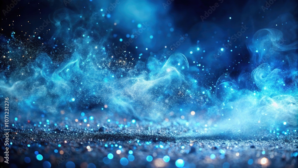 Shiny smoke and glitter fluid creating a magical mist with blue color particles on a dark abstract background, magical, mist, shiny Shiny smoke and glitter fluid creating a magical mist with blue color particles on a dark abstract background, magical, mist, shiny