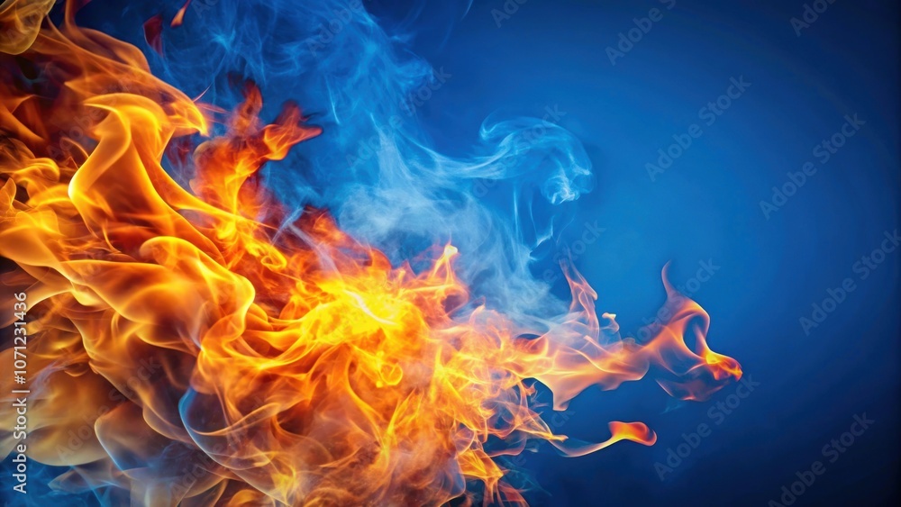 Fototapeta premium Abstract image of fire and smoke on a blue background, fire, smoke, abstract, texture, blue, background, heat, hot