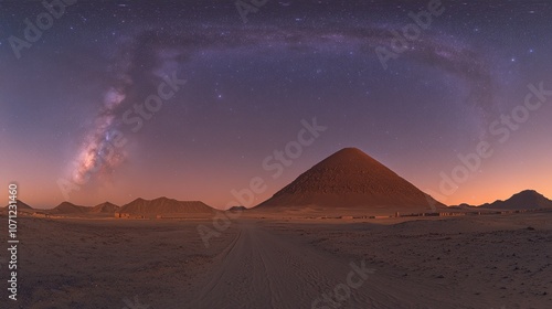 A winding dirt road leads towards a lone mountain peak under a star-filled sky with the Milky Way galaxy visible.