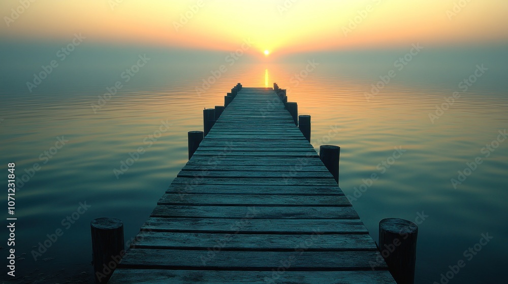 Obraz premium A wooden pier extends into a calm lake at sunrise, with the sun just peeking over the horizon, casting a warm glow over the water.