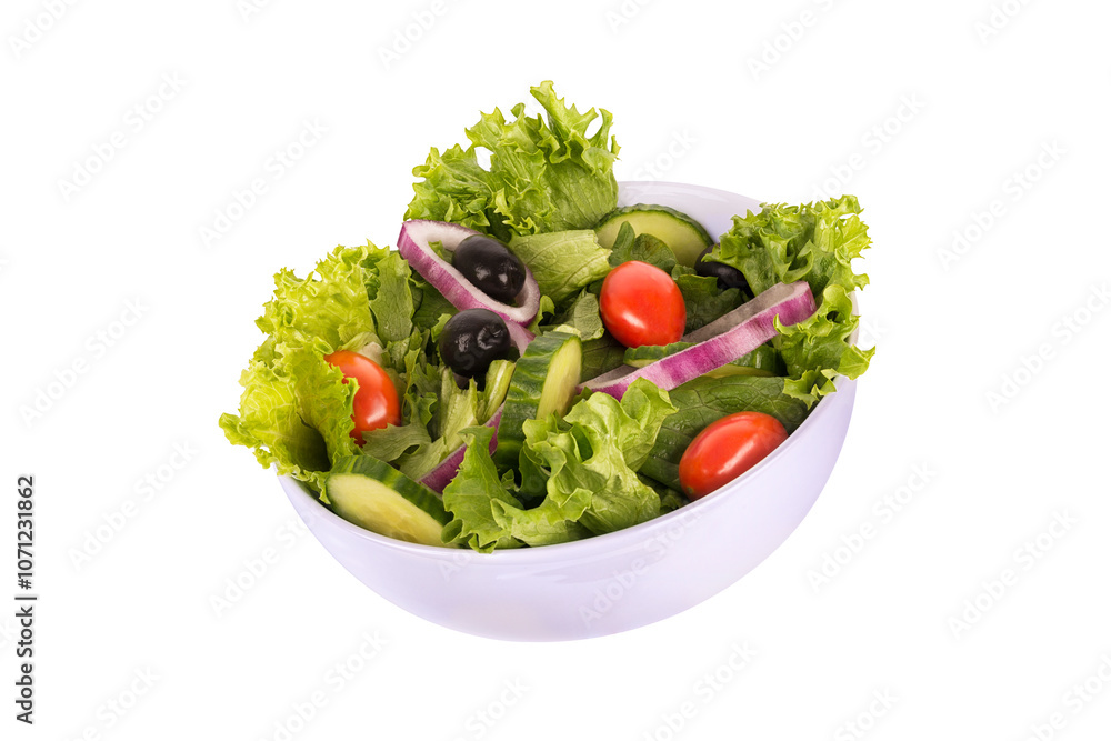 Green lettuce salad with fresh vegetables, isolated on white background. Cut out. Green lettuce salad with fresh vegetables, isolated on white background. Cut out.