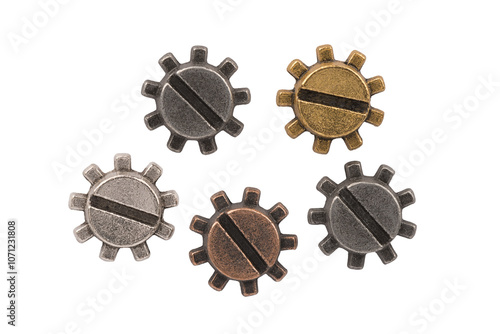 Five cogwheels in different color. This industrial element seems like inspired by steampunk machine part. Isolated on white background. Cut out.