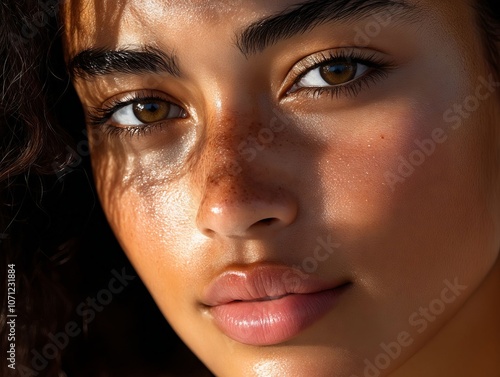 A close up of a woman's face with freckles on her face photo