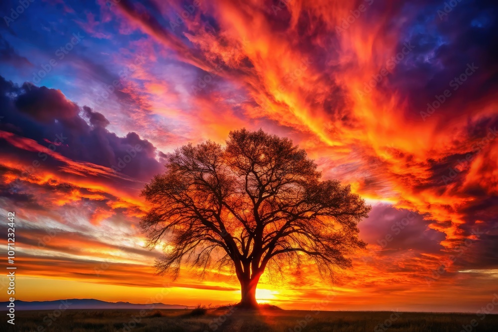 Fototapeta premium Stunning Silhouette of a Lone Tree on Fire at Sunset â€“ Captivating Candid Photography of Nature's Dramatic Moment