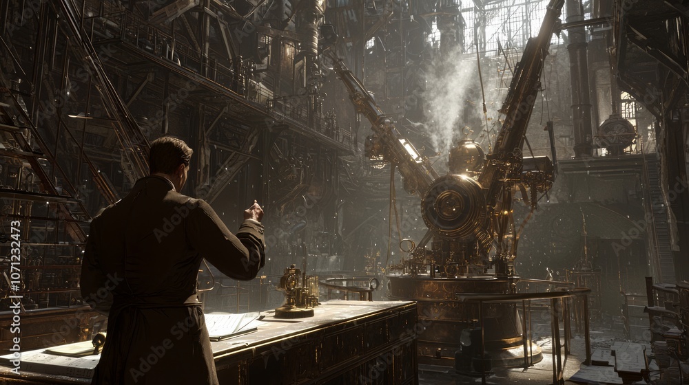 Fototapeta premium Steam-Powered Victorian Scientist: Ultra-Detailed Steampunk 3D Render Digital Artwork of a Genius Inventor in Workshop